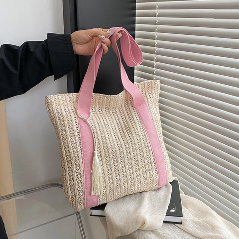 Gewebte Tragetasche Große Kapazität Stroh Papier Geflecht Sommer Strand Schulterhandtasche Mit Quasten Anhänger Minimalistisch