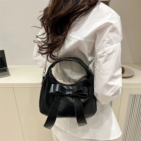 Women PU Leather Dumpling Bag With Large Bow Knot Metal Chain Strap Elegant Trendy Handbag Crossbody Bag