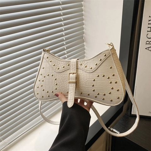 Rivet Crocodile Embossed PU Leather Underarm Bag Retro Single Strap Shoulder Bag For Women Fashion Crossbody Purse