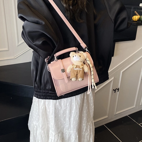 Vintage PU Leather Crossbody Bag Women Contrast Woven Small Square Bag Teddy Bear Charm Fashion Top Handle Satchel Bag