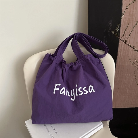 Borsa Tote Casual da Donna in Tela con Coulisse Minimalista Stampa di Lettere Grande Capacità Borsa a Spalla Leggera per Pendolarismo