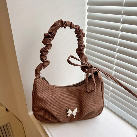 Women Hobo Underarm Bag Ruched Scrunched Strap Textured Fabric Butterfly Metal Decor French Niche Minimalist Style