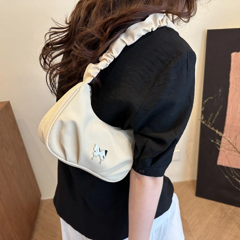 Women Hobo Underarm Bag Ruched Scrunched Strap Textured Fabric Butterfly Metal Decor French Niche Minimalist Style