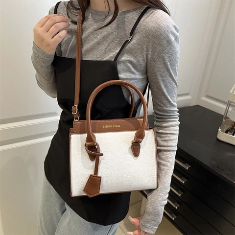 Bolso De Mano Chic Para Mujer Bloque De Color Cuero PU Textura Lychee Bolso Bandolera Minimalista Moda