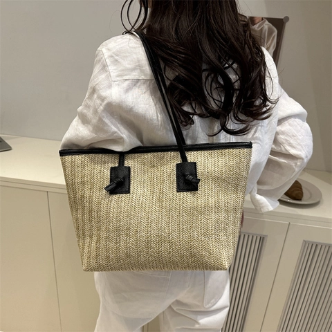 Damen Stroh Gewebte Tragetasche Große Kapazität Sommer Urlaub Einfache Koreanische Stil Schulterhandtasche Mit Knotendekor
