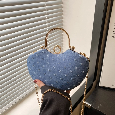 Sac De Soirée En Forme De Cœur Pour Femmes Tissu Denim Fermoir En Strass Poignée En Métal Doré Bandoulière Chaîne Élégant
