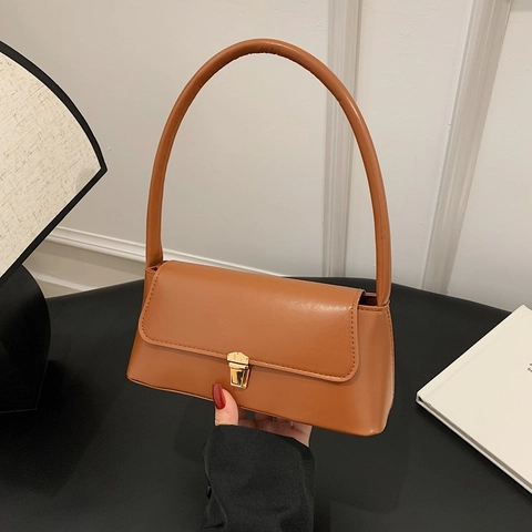 Bolso de Axila de Cuero PU Vintage para Mujer Moda Minimalista Color Sólido Bolso de Hombro Con Cierre de Metal Bolso Versátil