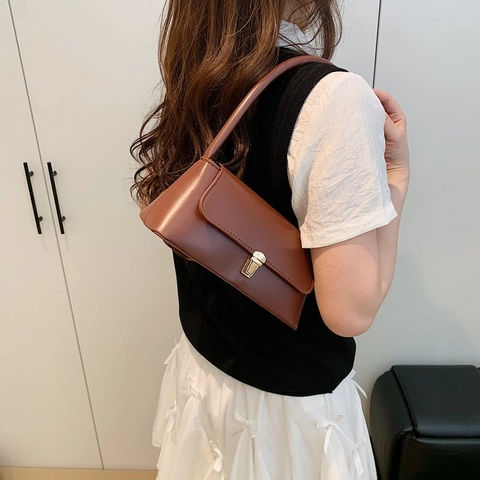 Bolso de Axila de Cuero PU Vintage para Mujer Moda Minimalista Color Sólido Bolso de Hombro Con Cierre de Metal Bolso Versátil