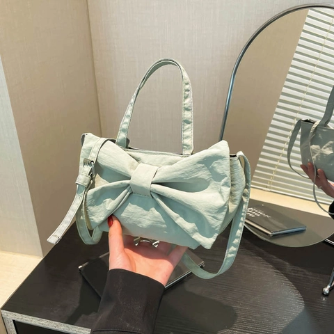 Borsa a Tracolla Donna Con Fiocco in Tessuto di Nylon Manico e Tracolla Regolabile Stile Dolce Y2K Piccola Borsa a Spalla