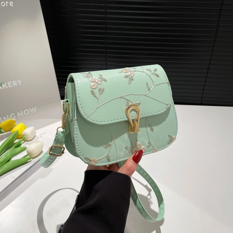 Borsa A Tracolla Da Donna In Pelle PU Con Ricamo Floreale Piccola Borsa A Sella Quadrata Con Fibbia Dorata