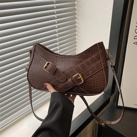 Crocodile Pattern PU Leather Underarm Bag Women Retro Half Moon Crossbody Shoulder Handbag Casual Daily Fashion Minimalist