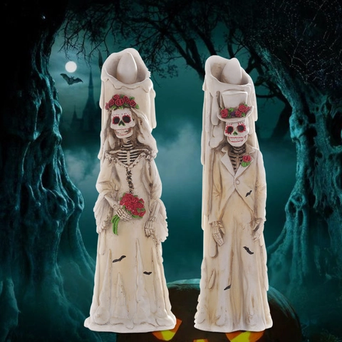 Halloween Skelett Braut Und Bräutigam LED Kerzenlichter Harz Gotische Geist Statue Dekorationen Für Bar