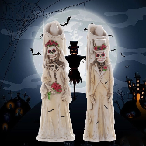 Halloween Skelett Braut Und Bräutigam LED Kerzenlichter Harz Gotische Geist Statue Dekorationen Für Bar