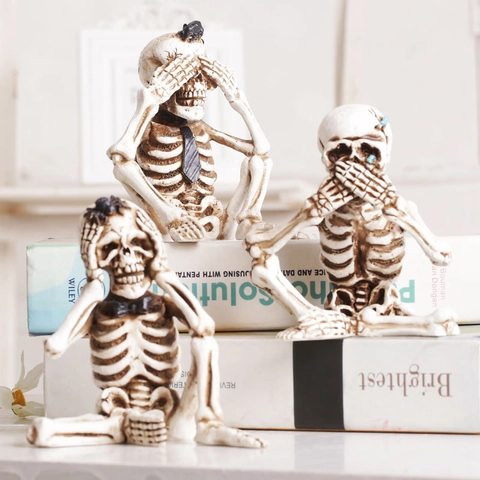 Retro Resin Halloween Skeleton Skull Ornaments Hear See Speak No Evil Wise Figures Desktop Decor For Festive Party Home Office