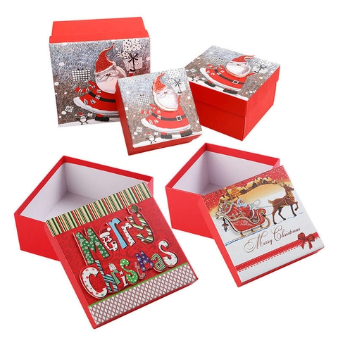 Paper Cardboard Christmas Gift Boxes Nested Decorative Lid Santa Claus Reindeer Snowman Plaid Holiday Party Presents