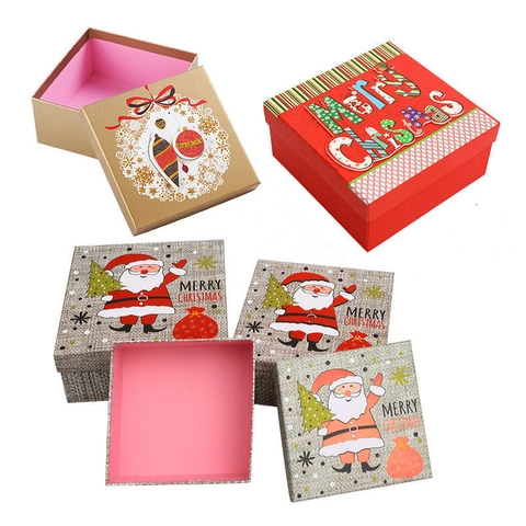 Paper Cardboard Christmas Gift Boxes Nested Decorative Lid Santa Claus Reindeer Snowman Plaid Holiday Party Presents