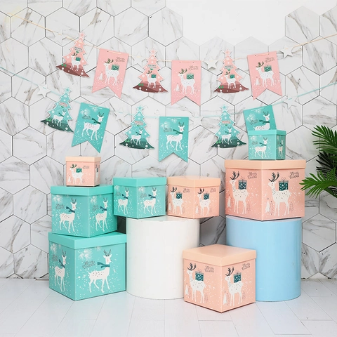 Scatole Regalo Di Natale E Banner Con Motivo Renna Carta Cartone Decorazione Per Feste Blu Rosa