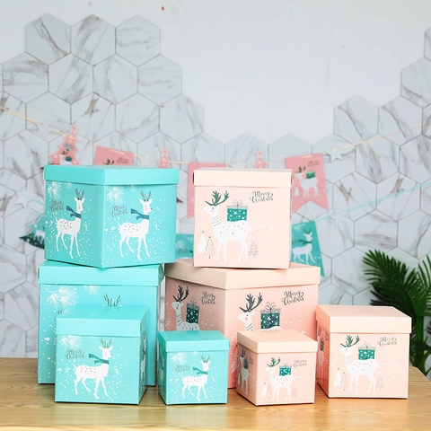 Scatole Regalo Di Natale E Banner Con Motivo Renna Carta Cartone Decorazione Per Feste Blu Rosa