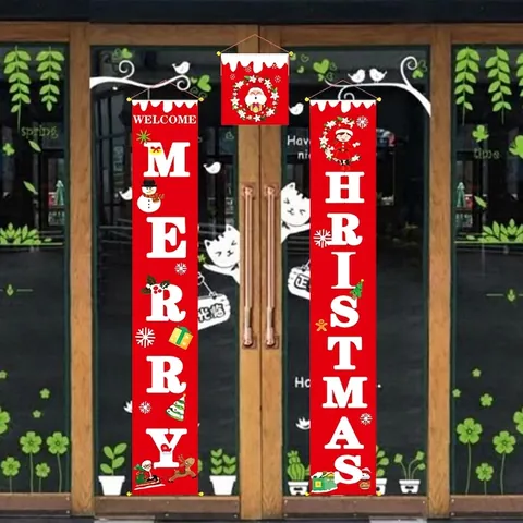 Juego de Pancartas de Puerta de Feliz Navidad Tela No Tejida Letrero de Bienvenida Para Porche Hogar Tienda Decoración Navidad