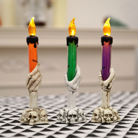 Bougie Électronique LED Halloween Main de Squelette Base de Crâne Résine Plastique Lampe Décorative à Piles Pour Fête