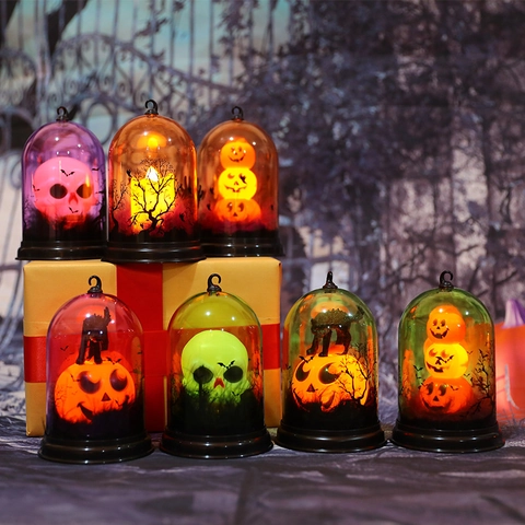 Halloween LED Decorative Dome Lamp With Pumpkin Skeleton Black Cat Candle Pattern Plastic Battery Powered Party Night Light