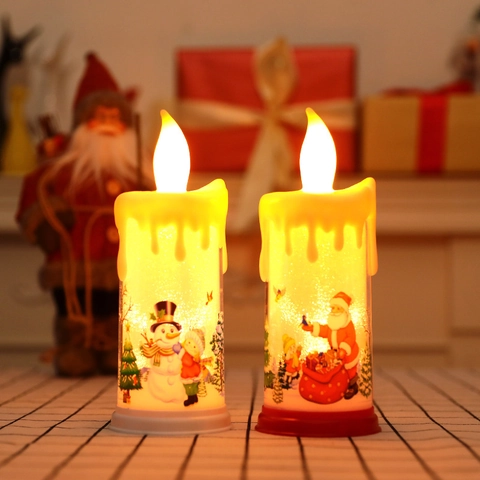 Christmas LED Electronic Candle Light Flameless Simulation Tear Drop Santa Claus Snowman Pattern Festival Decor Table Lamp