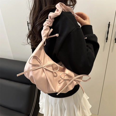 Bolso de Hombro de Cuero PU para Mujer Asa Fruncida Lazo Color Sólido Bolso Hobo para Uso Diario Viaje Fiesta Moda