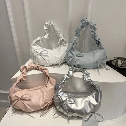 Mode Geraffte Dumpling Schultertasche Für Damen PU Leder Metallic Schleifen Achseltasche Y2K Street Style Casual Handtasche