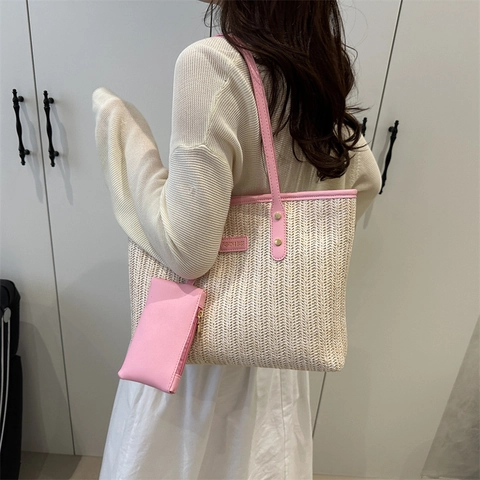Sac Fourre-Tout En Paille Tissée Avec Pochette Assortie Bordure En Cuir PU Grande Capacité Vacances À La Plage Sac À Bandoulière Femme