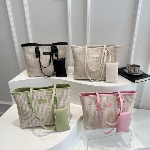 Sac Fourre-Tout Tissé à la Mode pour Femmes Grande Capacité Texture Paille Sac à Bandoulière Avec Petite Pochette Sac à Main de Plage