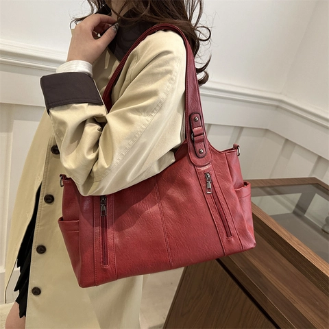 Women's Large Capacity PU Leather Tote Bag Modern Minimalist Solid Color Crossbody Shoulder Bag With Multiple Pockets