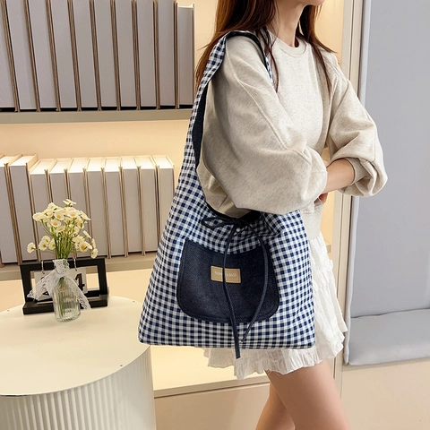 Borsa Tote Donna Grande Capacità Patchwork in Denim Gingham Quadri Nylon Tela Borsa a Tracolla per Scuola Viaggio Borsa Casual