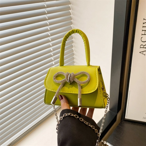 Bolso Bandolera Mini de Mujer Moda Cuero PU Bolso de Mano con Lazo de Strass Brillante y Cadena