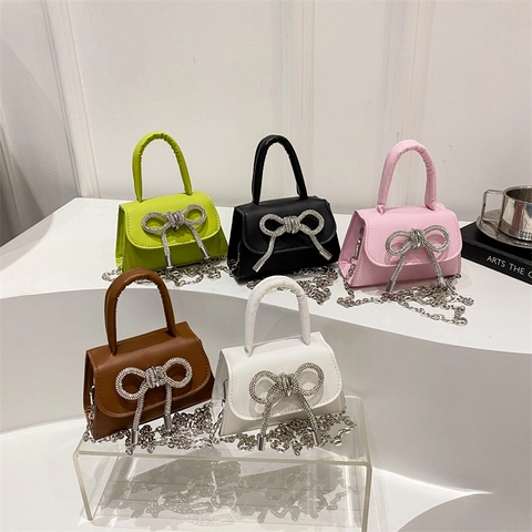 Mode Mädchen Strass Bogen Mini Handtasche Für Damen PU Leder Umhängetasche Kleine Quadratische Tasche Mit Metallkette