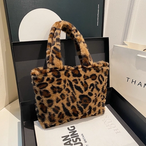 Sac Fourre-Tout En Fausse Fourrure Imprimé Léopard Sac À Main Épaule En Peluche Douce Fermeture Éclair Mode Pour Femmes