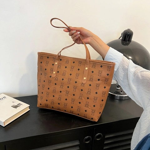 Borsa Tote Grande Capacità con Stampa Orso Vintage per Donna in Pelle PU Borsa a Spalla alla Moda Sottobraccio Versatile