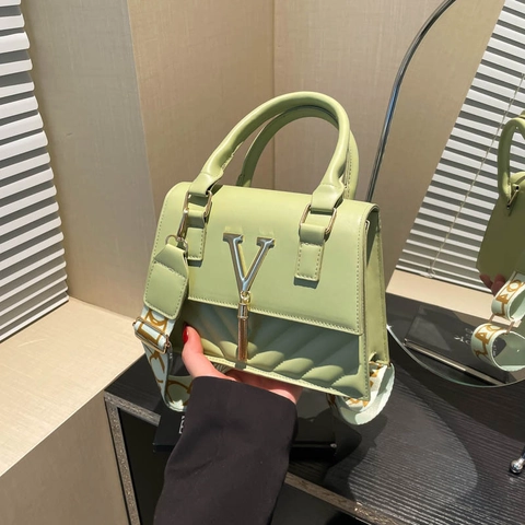 Women PU Leather Crossbody Bag Quilted Stitching V-Logo Gold Tassel Wide Printed Strap Chic Top Handle Shoulder Bag