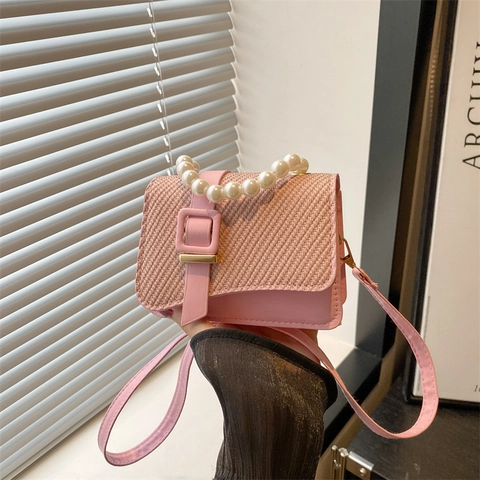 Women Mini Crossbody Bag Woven Texture PU Leather With Artificial Pearl Handle Elegant Handbag Small Square Flap Purse