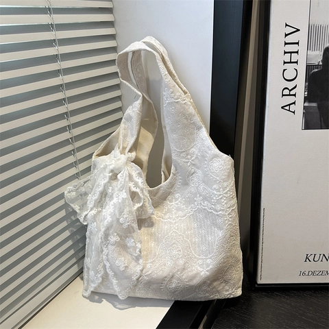 Elegante Kanten Canvas Tote Bag Voor Dames Grote Strik Bloemen Borduursel Schoudertas Casual Grote Capaciteit Handtas