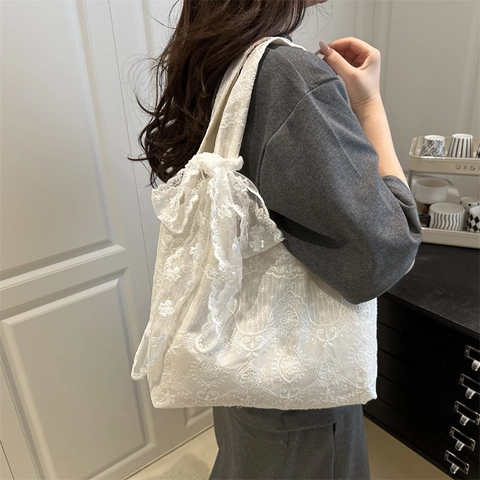 Women Lace Flower Tote Bag Large Capacity Hollow Out Embroidery Shoulder Bag With Bow French Retro Sweet Casual Handbag