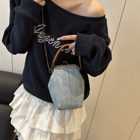 Sac Bandoulière Rétro en Denim Avec Fermoir Kiss-lock Pour Femmes Sac à Main en Strass Chaîne Vintage Style Seau Mini Sac