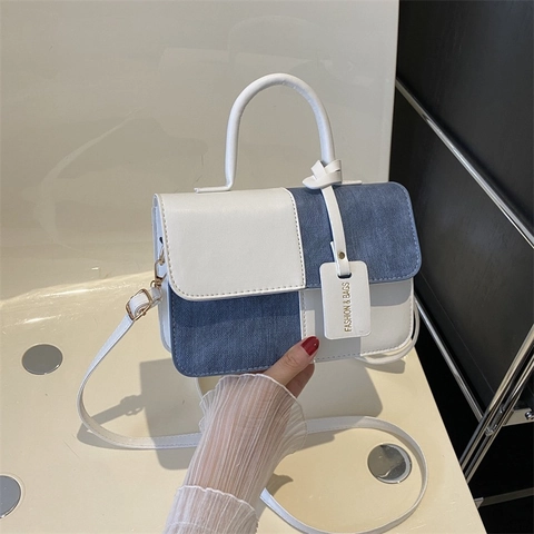 Women's Patchwork PU Leather Denim Small Square Bag Vintage Contrast Color Handbag Shoulder Crossbody Bag Commuting Bag