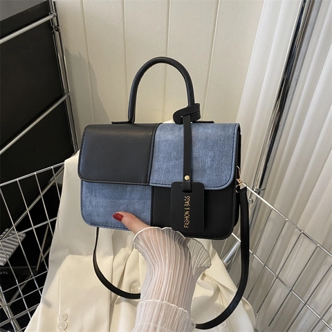 Women's Patchwork PU Leather Denim Small Square Bag Vintage Contrast Color Handbag Shoulder Crossbody Bag Commuting Bag