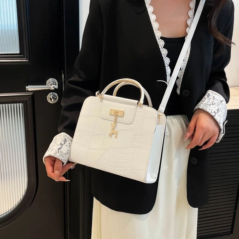 Women Crossbody Handbag PU Crocodile Embossed Leather Metallic Handle Deer Pendant Small Square Bag Trendy Elegant