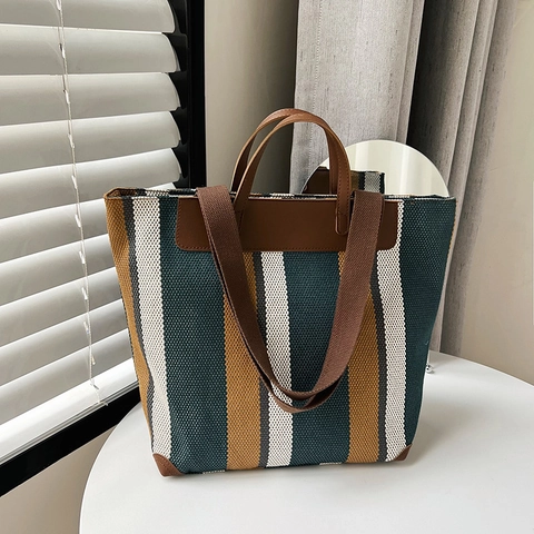 Bolso Tote de Lona a Rayas Vintage para Mujer Gran Capacidad Bolso de Mano Casual Viaje Hombro Con Asa de Cuero Costura