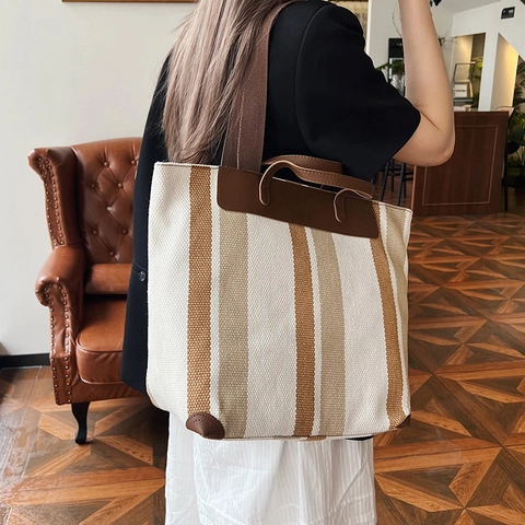 Bolso Tote de Lona a Rayas Vintage para Mujer Gran Capacidad Bolso de Mano Casual Viaje Hombro Con Asa de Cuero Costura