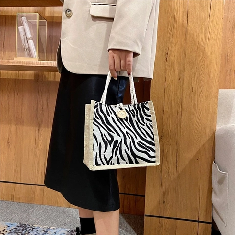 Women's Vintage Houndstooth Canvas Tote Bag Large Capacity Jute Shopping Handbag With Cotton Rope Handle And Wood Button