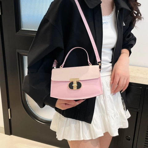 Women Retro Small Square Bag PU Leather Letter Monogram Crossbody Bag Metal Lock Adjustable Shoulder Strap Fashion Handbag