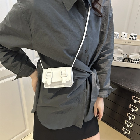 Women Fashion Mini Crossbody Bag PU Leather Small Square Bag Double Buckle Decor Solid Color Shoulder Bag For Daily Travel