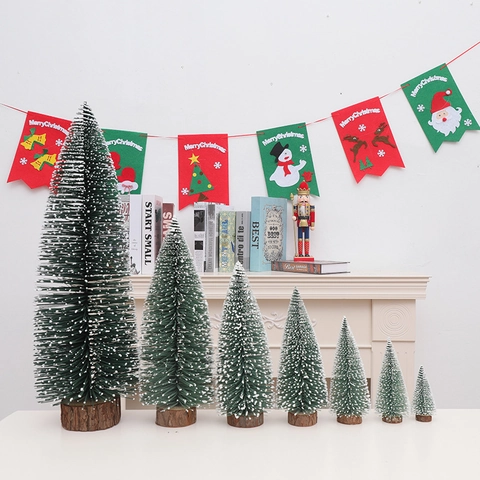 Mini Weihnachtsbaum PVC Beflockter Schnee Mit Holzsockel Schreibtisch Deko Zeder Zypresse Feiertag